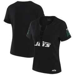 New York Jets WEAR by Erin Andrews x Gracie Hunt Women's Draft Me Lace-Up T-Shirt - Black discount