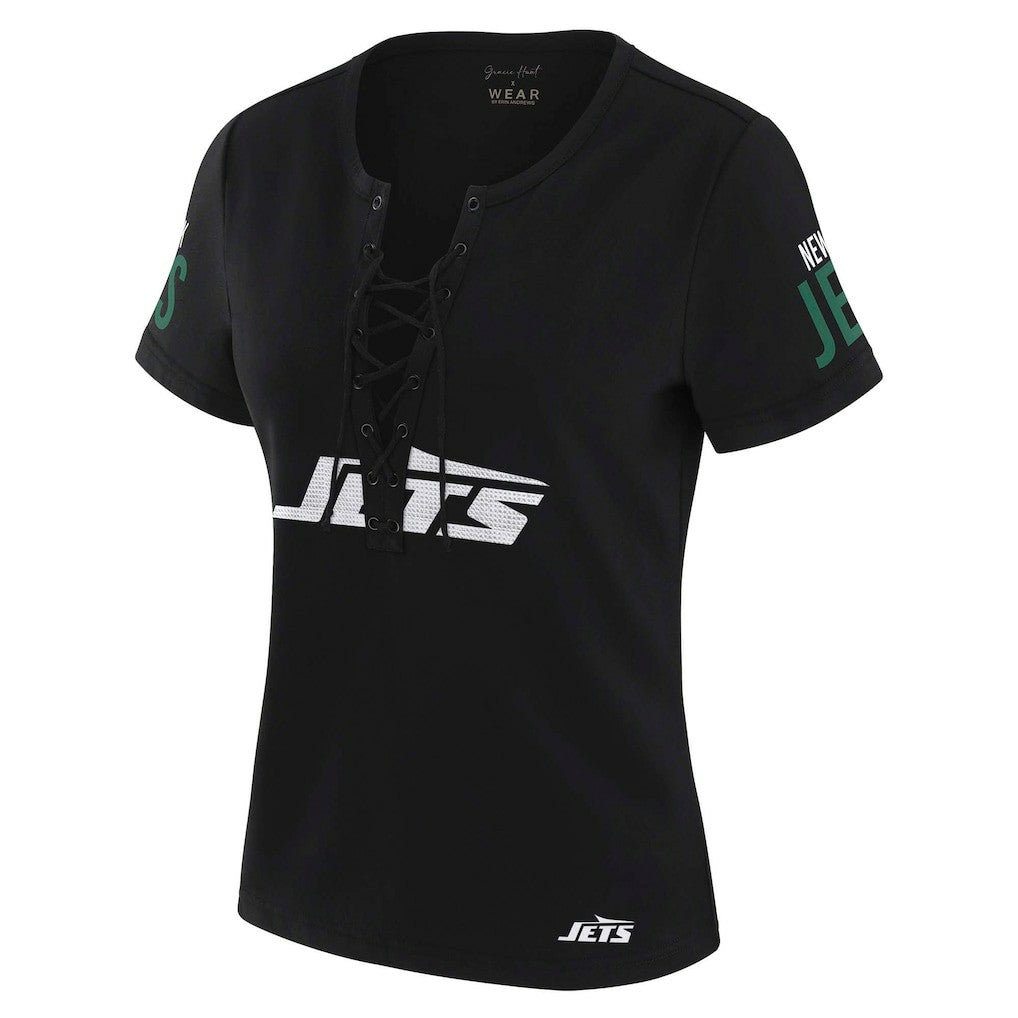 New York Jets WEAR by Erin Andrews x Gracie Hunt Women's Draft Me Lace-Up T-Shirt - Black discount