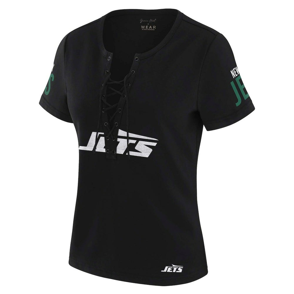 New York Jets WEAR by Erin Andrews x Gracie Hunt Women's Draft Me Lace-Up T-Shirt - Black discount