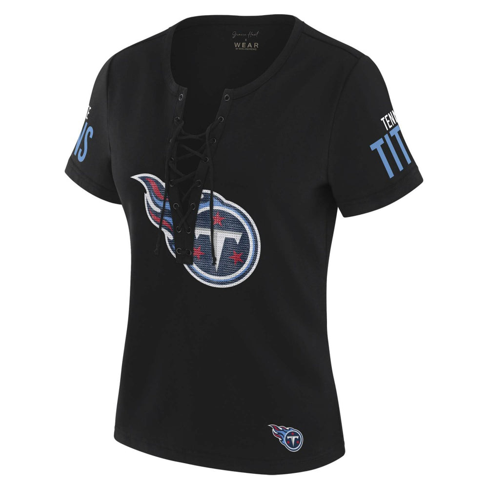 Tennessee Titans WEAR by Erin Andrews x Gracie Hunt Women's Draft Me Lace-Up T-Shirt - Black sale
