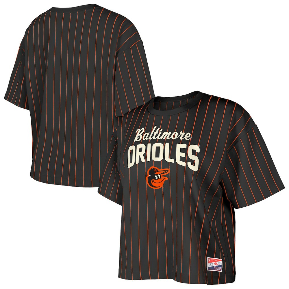 Baltimore Orioles Women's Cooperstown Collection Multiplier Pinstripe Cropped T-Shirt Black