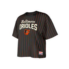 Baltimore Orioles Women's Cooperstown Collection Multiplier Pinstripe Cropped T-Shirt Black