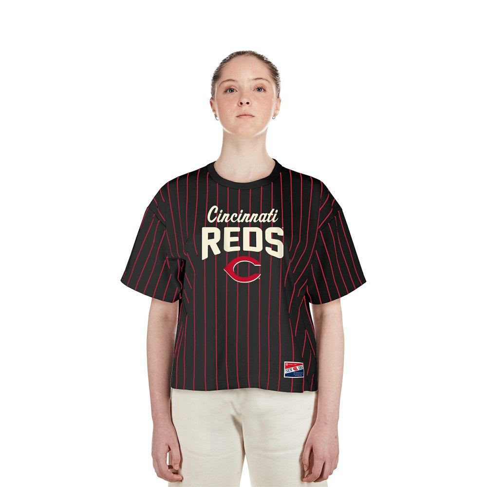 Cincinnati Reds Women's Cooperstown Collection Multiplier Pinstripe Cropped T-Shirt Black