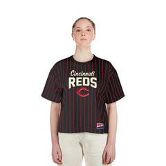 Cincinnati Reds Women's Cooperstown Collection Multiplier Pinstripe Cropped T-Shirt Black