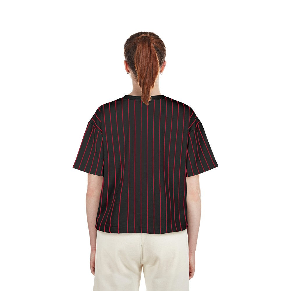 Cincinnati Reds Women's Cooperstown Collection Multiplier Pinstripe Cropped T-Shirt Black