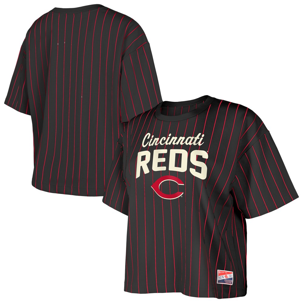 Cincinnati Reds Women's Cooperstown Collection Multiplier Pinstripe Cropped T-Shirt Black