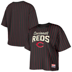 Cincinnati Reds Women's Cooperstown Collection Multiplier Pinstripe Cropped T-Shirt Black