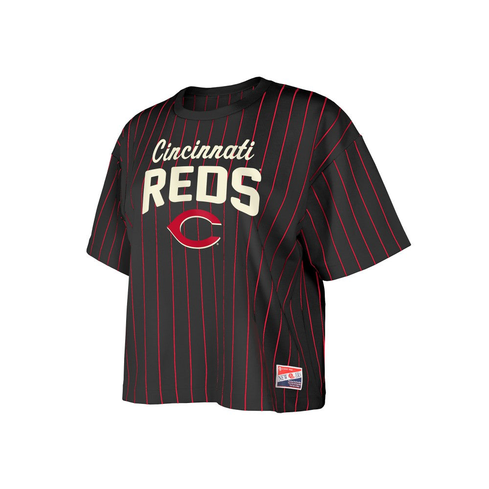 Cincinnati Reds Women's Cooperstown Collection Multiplier Pinstripe Cropped T-Shirt Black