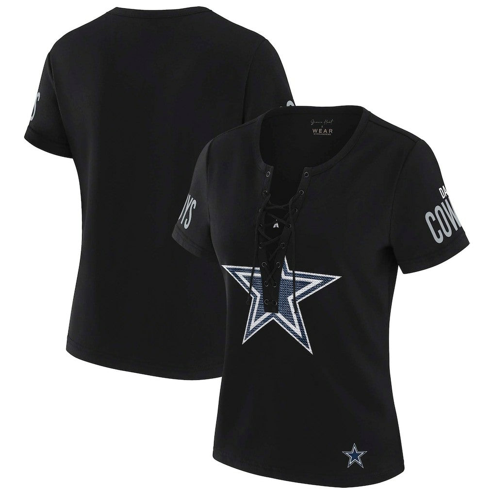 Dallas Cowboys WEAR by Erin Andrews x Gracie Hunt Women's Draft Me Lace-Up T-Shirt - Black sale