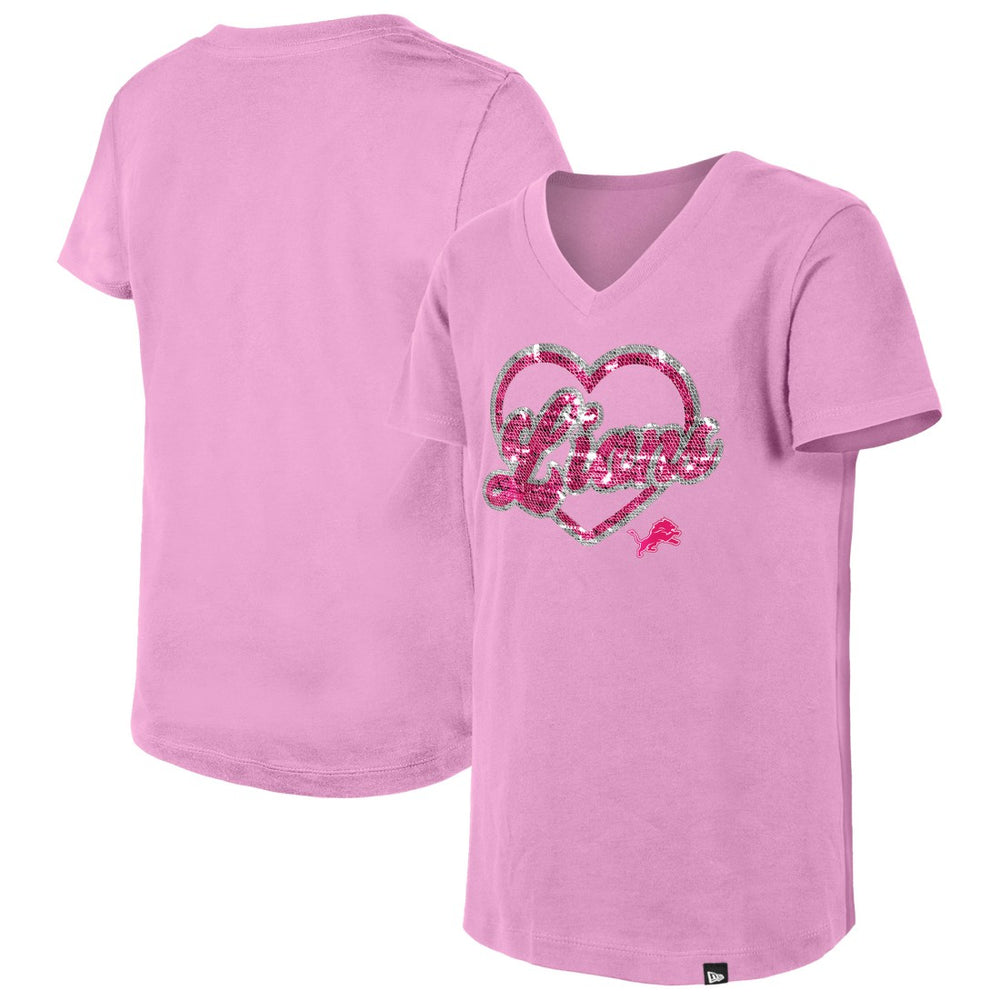 Detroit Lions New Era Girls Youth Flip Sequins V-Neck T-Shirt - Pink on sale
