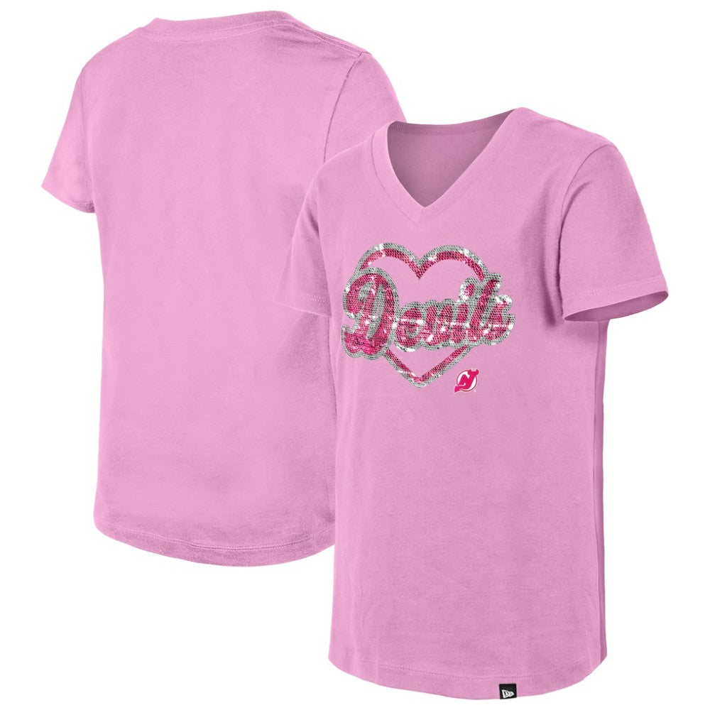 New Jersey Devils New Era Girl's Youth Flip Sequin V-Neck T-Shirt - Pink T-shirts