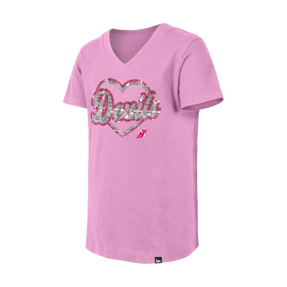 New Jersey Devils New Era Girl's Youth Flip Sequin V-Neck T-Shirt - Pink T-shirts