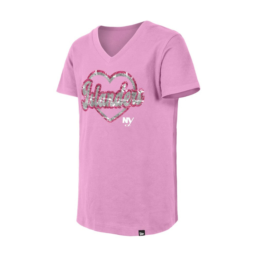 New York Islanders New Era Girl's Youth Flip Sequin V-Neck T-Shirt - Pink T-shirts