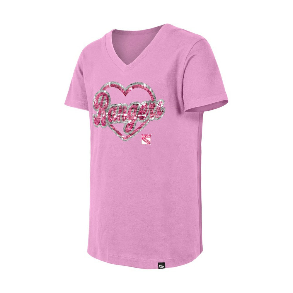 New York Rangers New Era Girl's Youth Flip Sequin V-Neck T-Shirt - Pink T-shirts