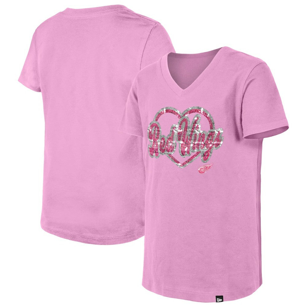 Detroit Red Wings New Era Girl's Youth Flip Sequin V-Neck T-Shirt - Pink T-shirts