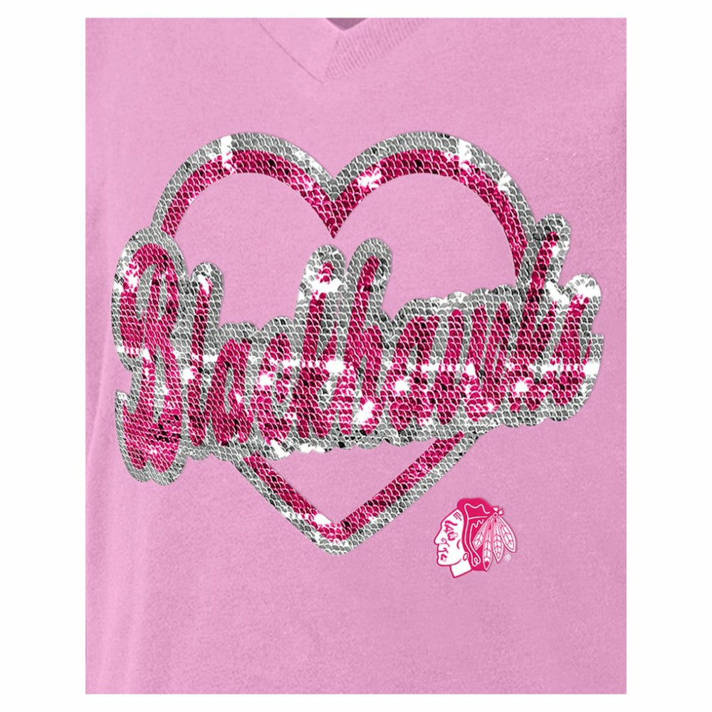 Chicago Blackhawks New Era Girl's Youth Flip Sequin V-Neck T-Shirt - Pink T-shirts