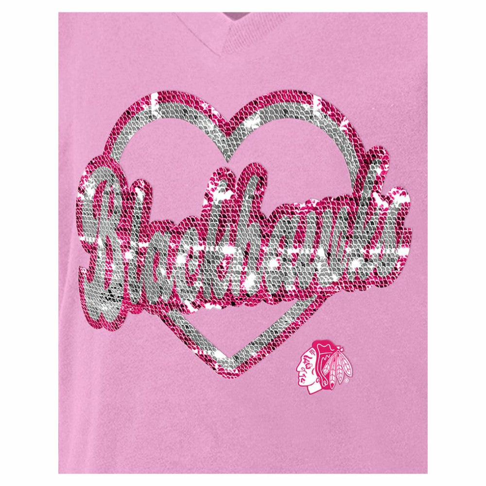 Chicago Blackhawks New Era Girl's Youth Flip Sequin V-Neck T-Shirt - Pink T-shirts