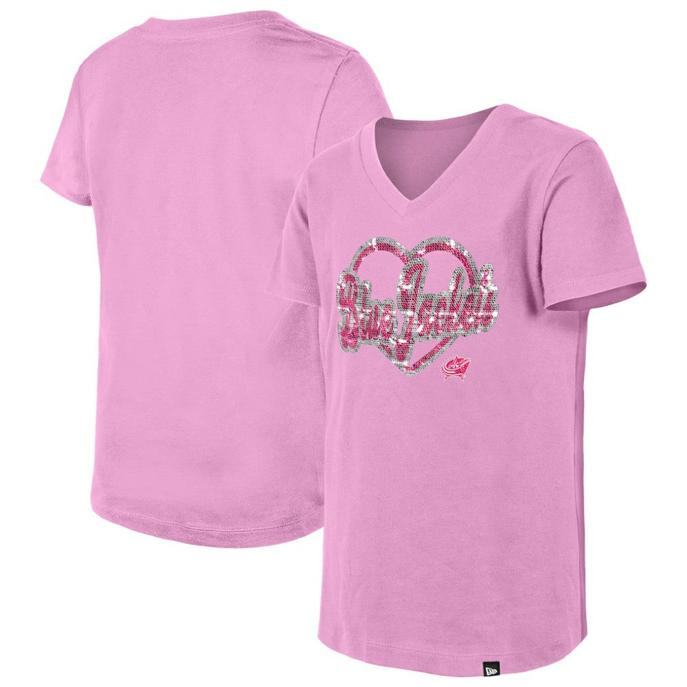 Columbus Blue Jackets New Era Girl's Youth Flip Sequin V-Neck T-Shirt - Pink T-shirts