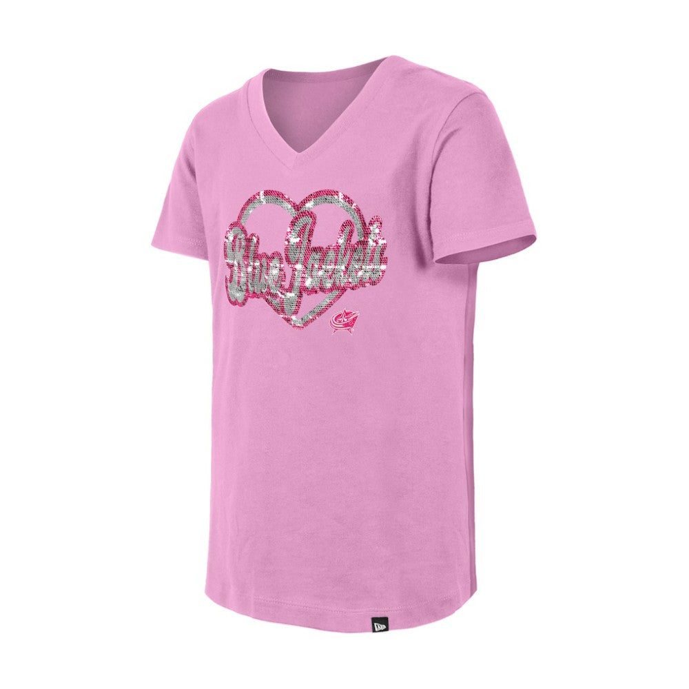 Columbus Blue Jackets New Era Girl's Youth Flip Sequin V-Neck T-Shirt - Pink T-shirts
