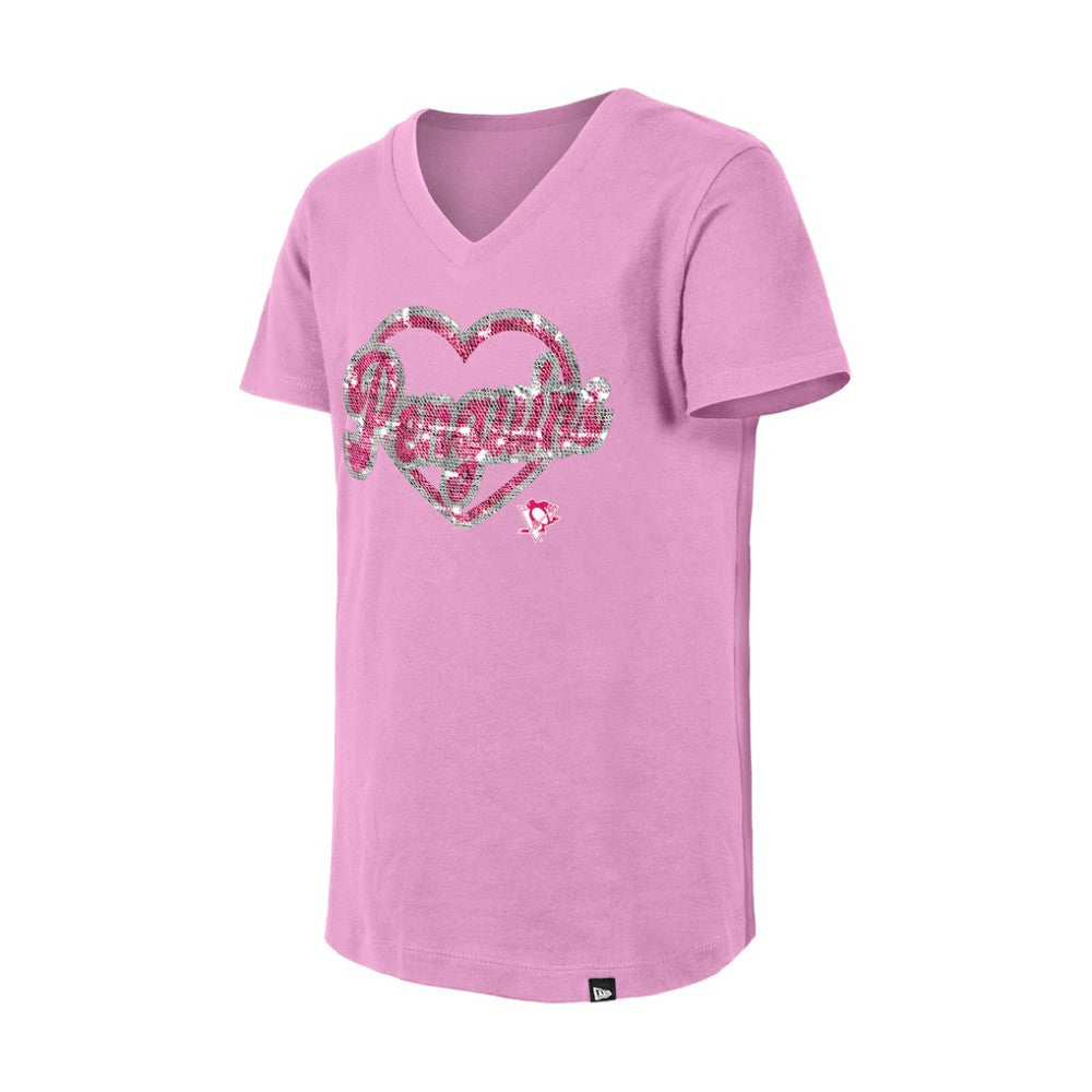 Pittsburgh Penguins New Era Girl's Youth Flip Sequin V-Neck T-Shirt - Pink T-shirts