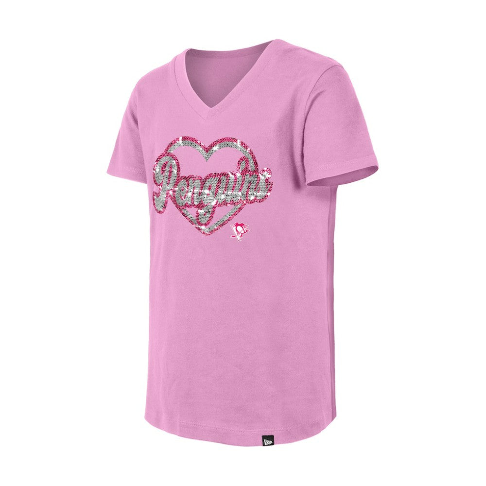 Pittsburgh Penguins New Era Girl's Youth Flip Sequin V-Neck T-Shirt - Pink T-shirts