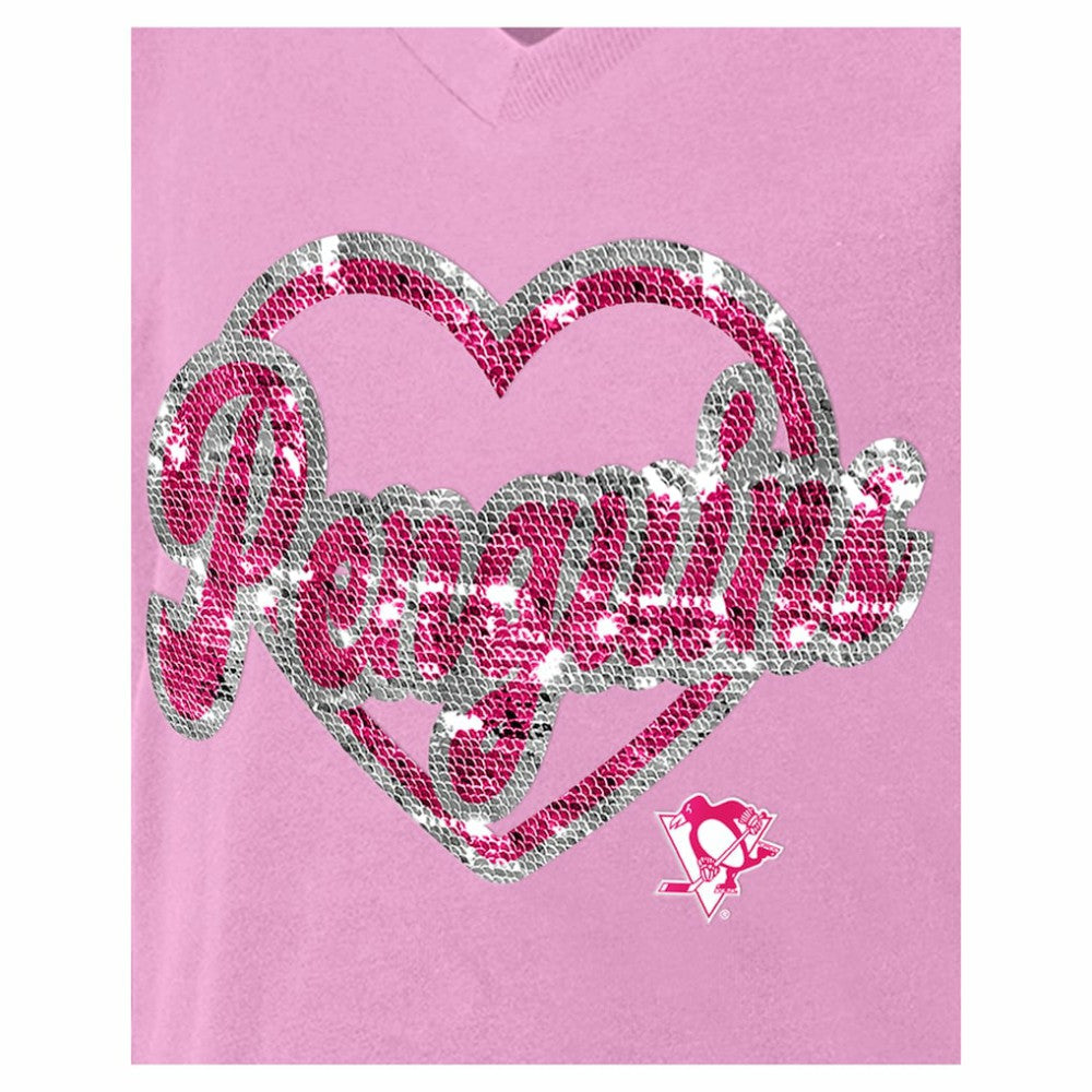 Pittsburgh Penguins New Era Girl's Youth Flip Sequin V-Neck T-Shirt - Pink T-shirts