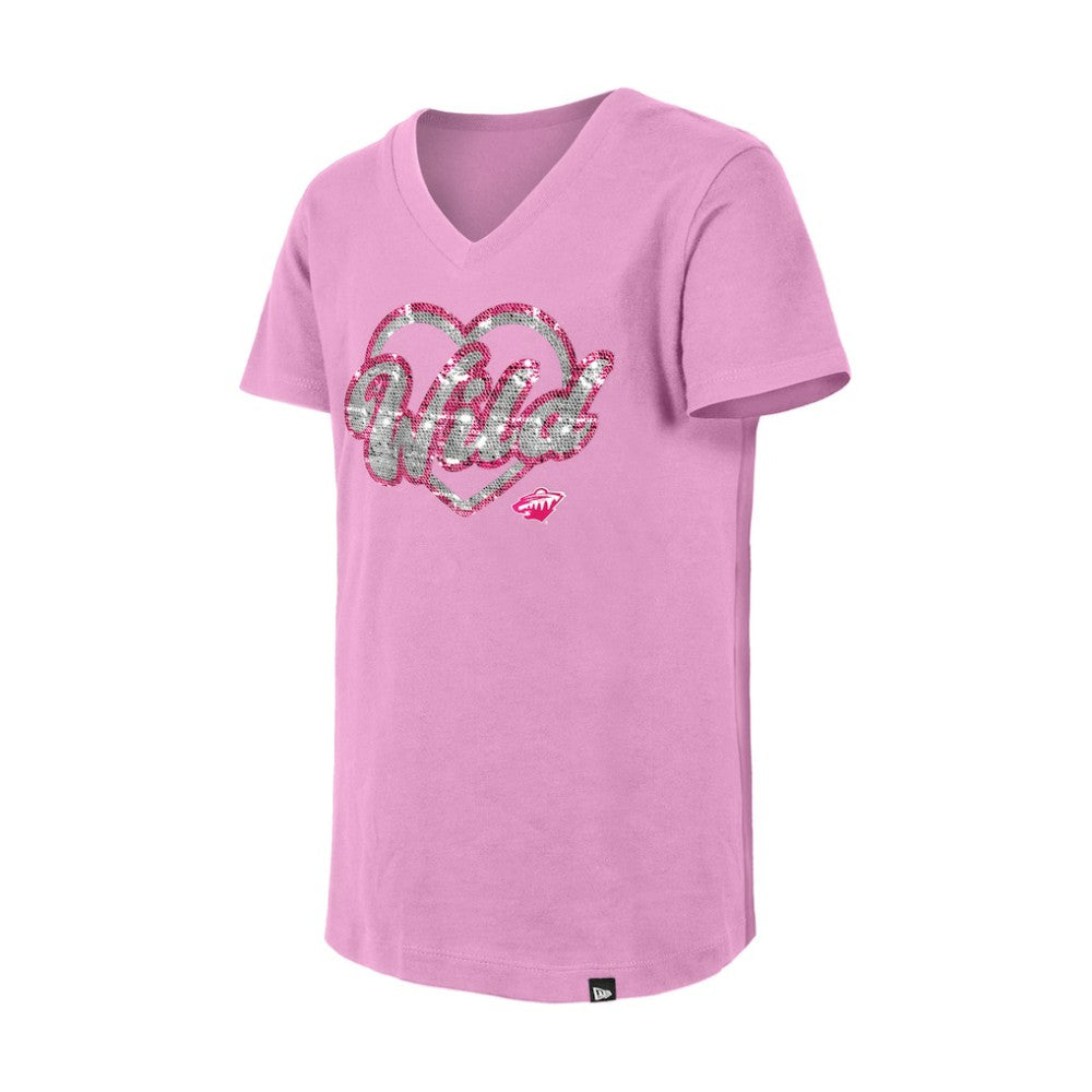 Minnesota Wild New Era Girl's Youth Flip Sequin V-Neck T-Shirt - Pink T-shirts