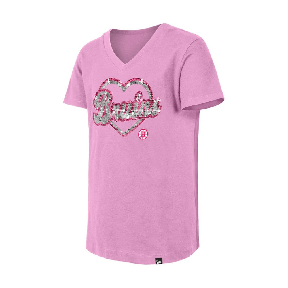 Boston Bruins New Era Girl's Youth Flip Sequin V-Neck T-Shirt - Pink T-shirts
