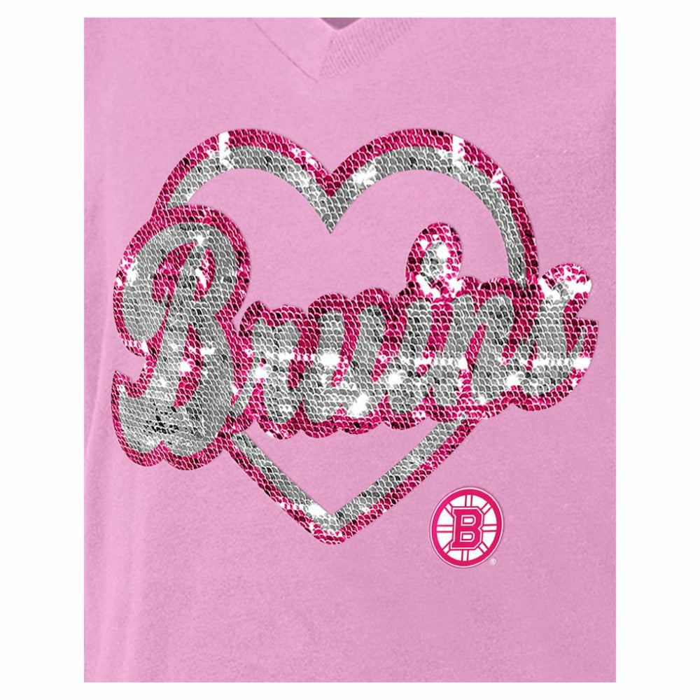 Boston Bruins New Era Girl's Youth Flip Sequin V-Neck T-Shirt - Pink T-shirts