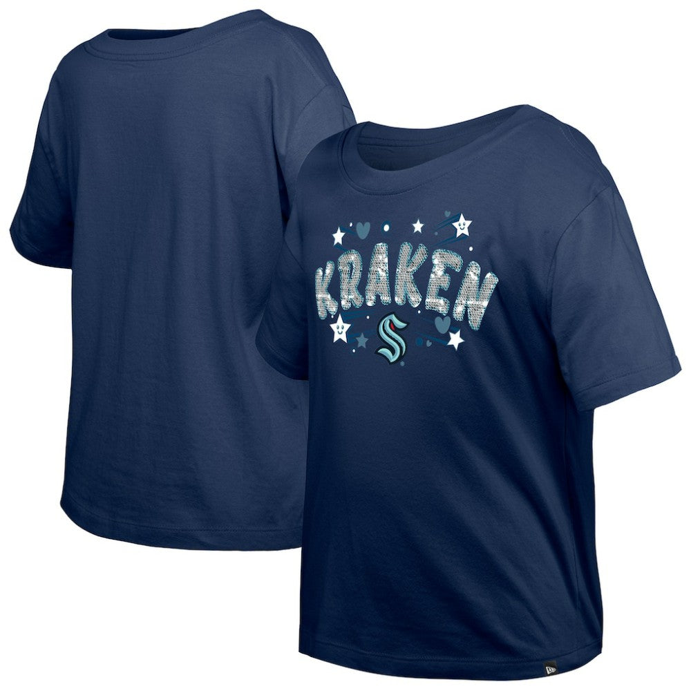 Seattle Kraken New Era Girl's Youth Flip Sequin T-Shirt - Deep Sea Blue T-shirts