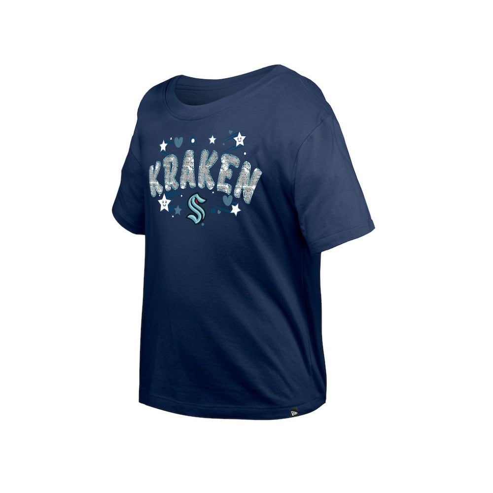 Seattle Kraken New Era Girl's Youth Flip Sequin T-Shirt - Deep Sea Blue T-shirts