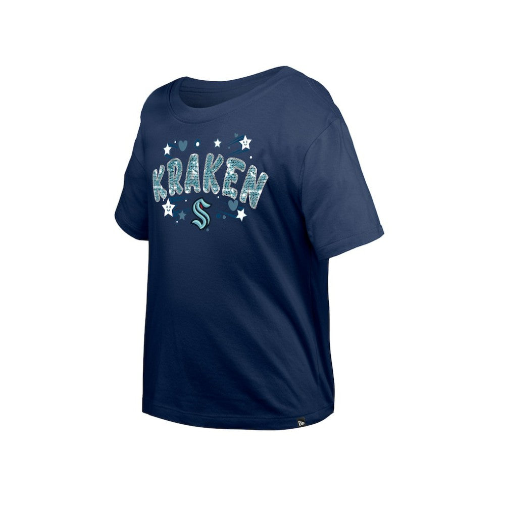 Seattle Kraken New Era Girl's Youth Flip Sequin T-Shirt - Deep Sea Blue T-shirts
