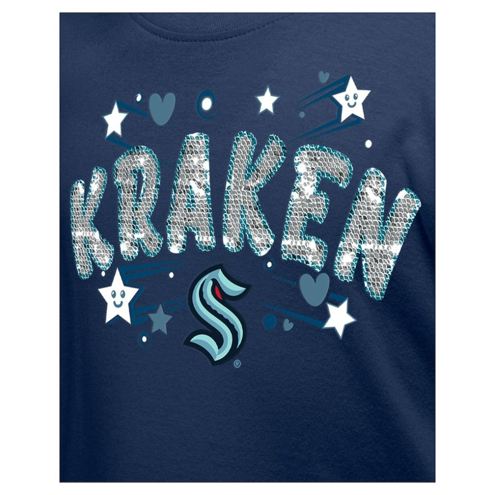 Seattle Kraken New Era Girl's Youth Flip Sequin T-Shirt - Deep Sea Blue T-shirts