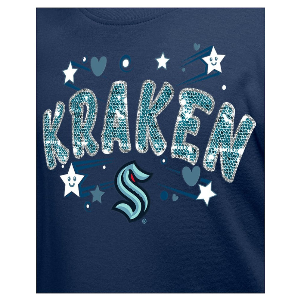 Seattle Kraken New Era Girl's Youth Flip Sequin T-Shirt - Deep Sea Blue T-shirts