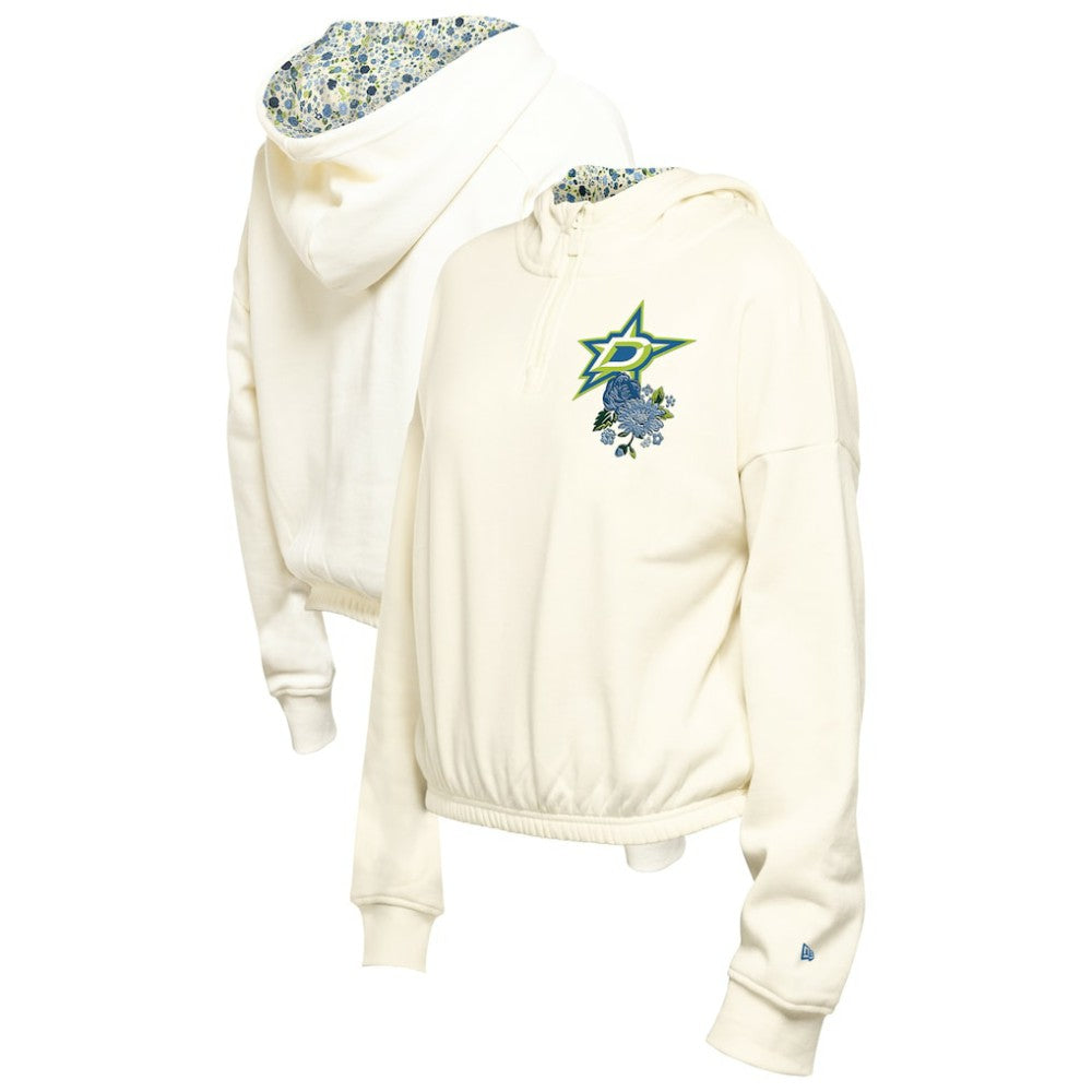 Dallas Stars New Era Women's Glam Game Quarter-Zip Cropped Floral Hoodie Pullover - Cream Hoodies