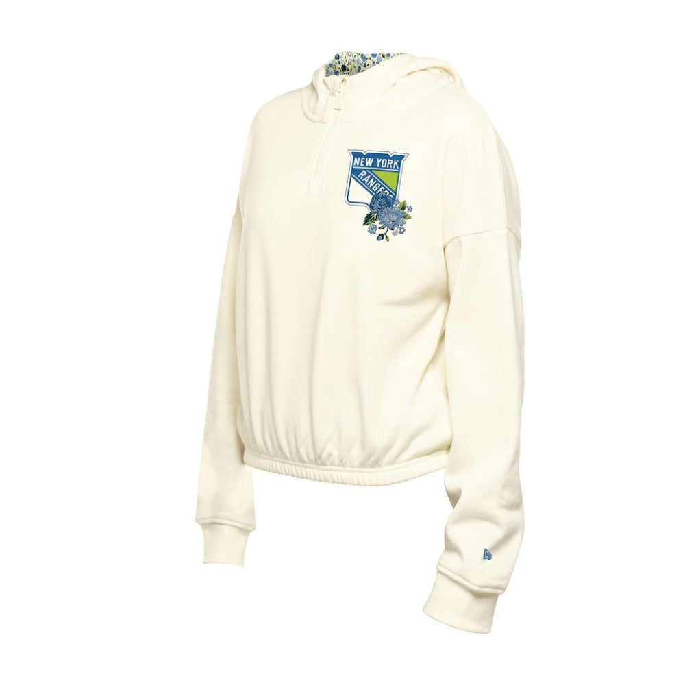 New York Rangers New Era Women's Glam Game Quarter-Zip Cropped Floral Hoodie Pullover - Cream Hoodies