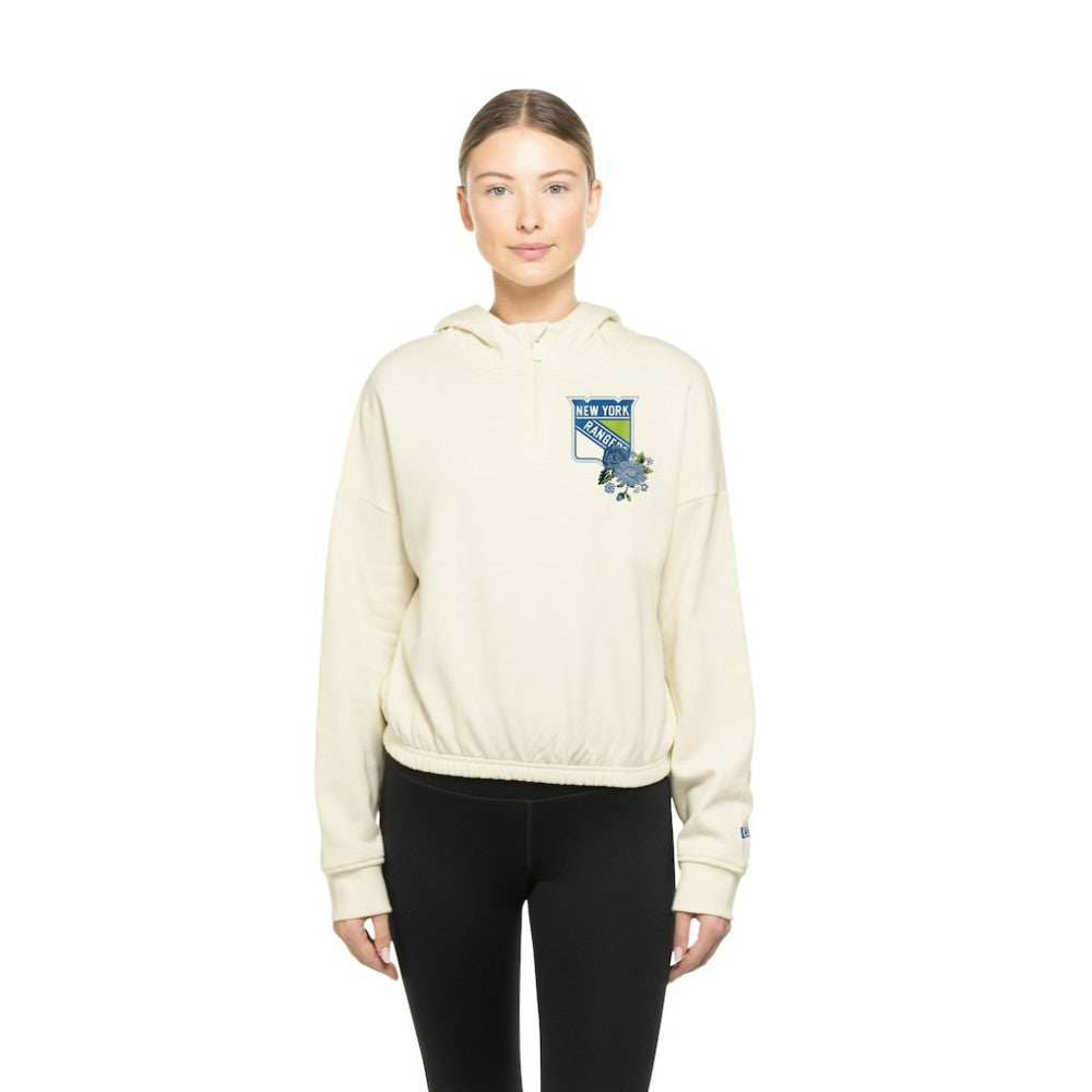 New York Rangers New Era Women's Glam Game Quarter-Zip Cropped Floral Hoodie Pullover - Cream Hoodies