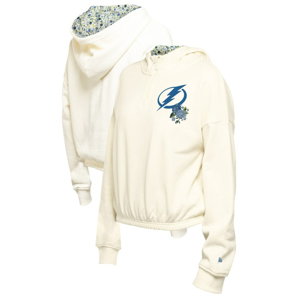 Tampa Bay Lightning New Era Women's Glam Game Quarter-Zip Cropped Floral Hoodie Pullover - Cream Hoodies