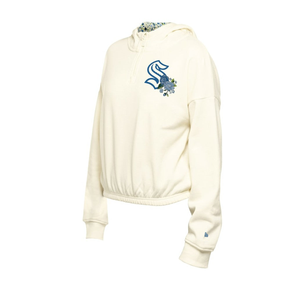 Seattle Kraken New Era Women's Glam Game Quarter-Zip Cropped Floral Hoodie Pullover - Cream Hoodies