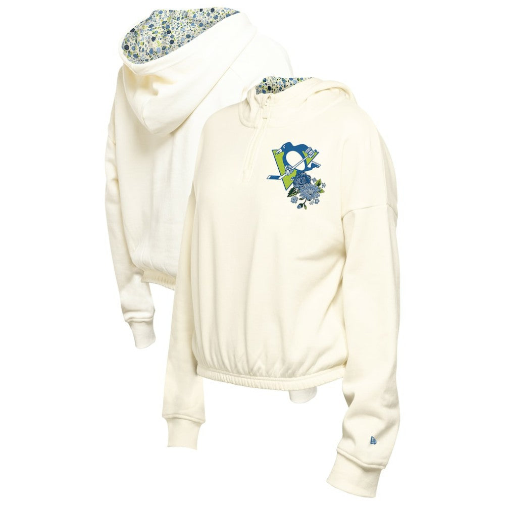 Pittsburgh Penguins New Era Women's Glam Game Quarter-Zip Cropped Floral Hoodie Pullover - Cream Hoodies