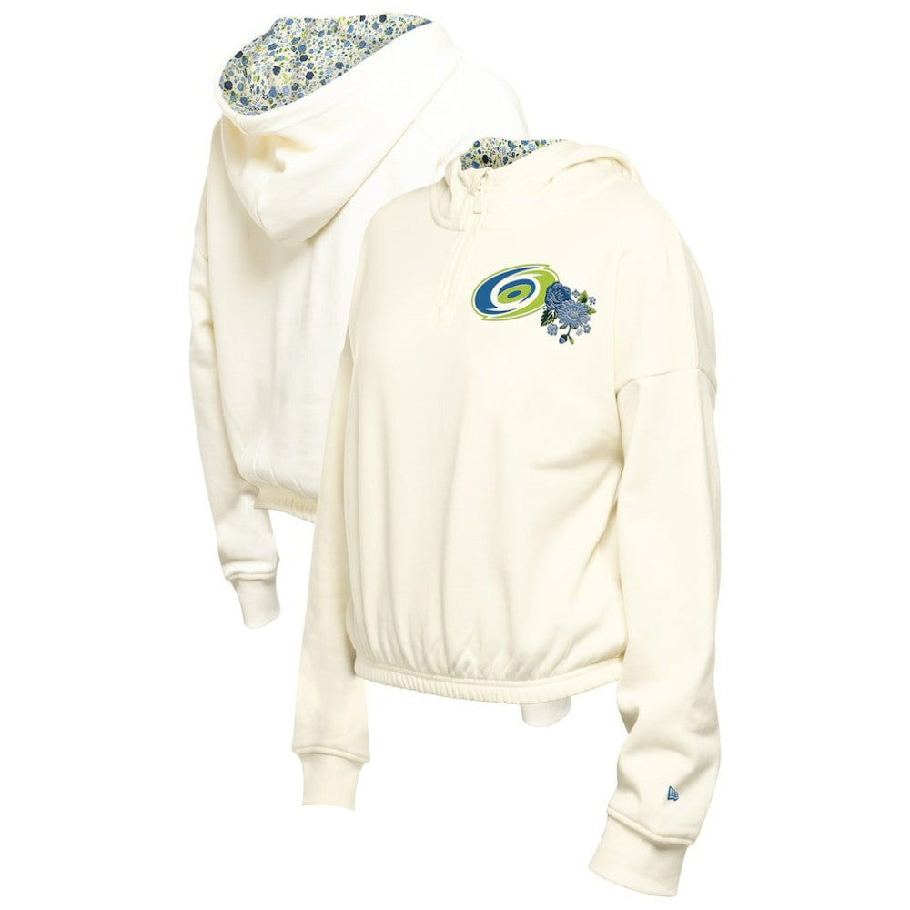 Carolina Hurricanes New Era Women's Glam Game Quarter-Zip Cropped Floral Hoodie Pullover - Cream Hoodies