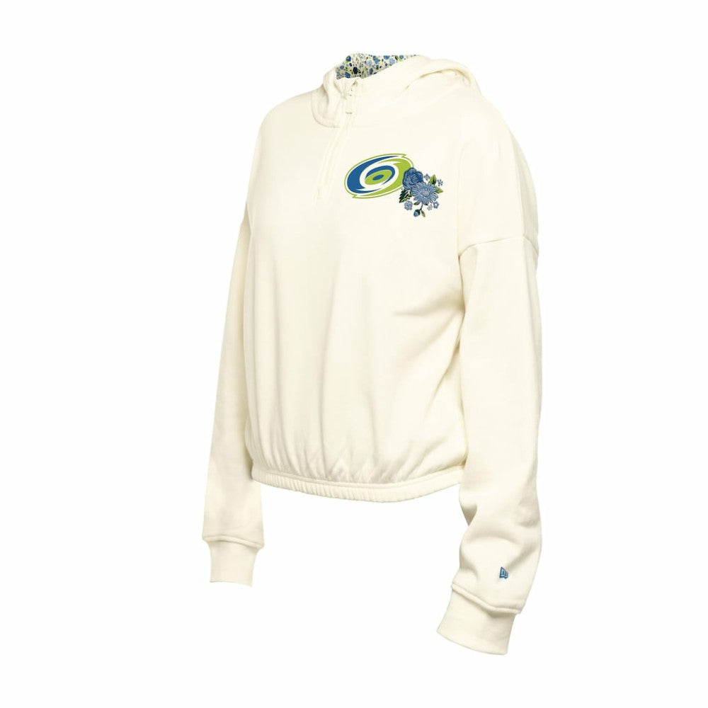 Carolina Hurricanes New Era Women's Glam Game Quarter-Zip Cropped Floral Hoodie Pullover - Cream Hoodies