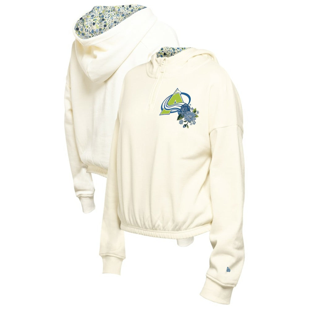 Colorado Avalanche New Era Women's Glam Game Quarter-Zip Cropped Floral Hoodie Pullover - Cream Hoodies