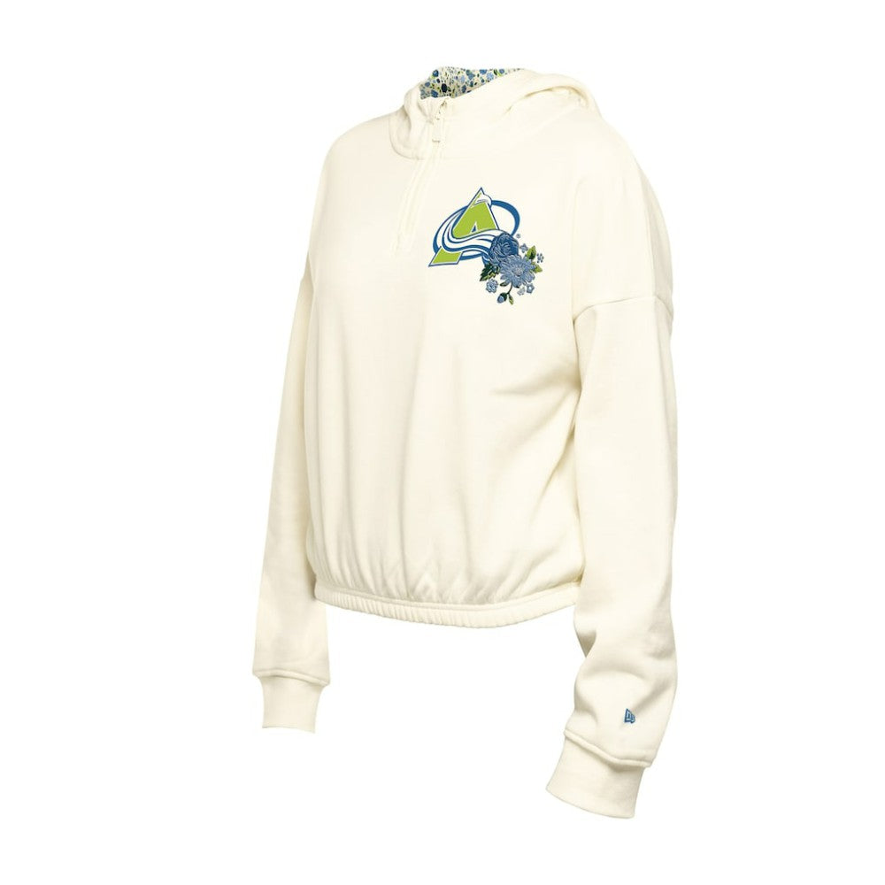Colorado Avalanche New Era Women's Glam Game Quarter-Zip Cropped Floral Hoodie Pullover - Cream Hoodies