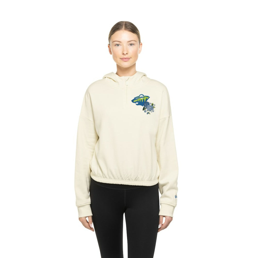 Minnesota Wild New Era Women's Glam Game Quarter-Zip Cropped Floral Hoodie Pullover - Cream Hoodies