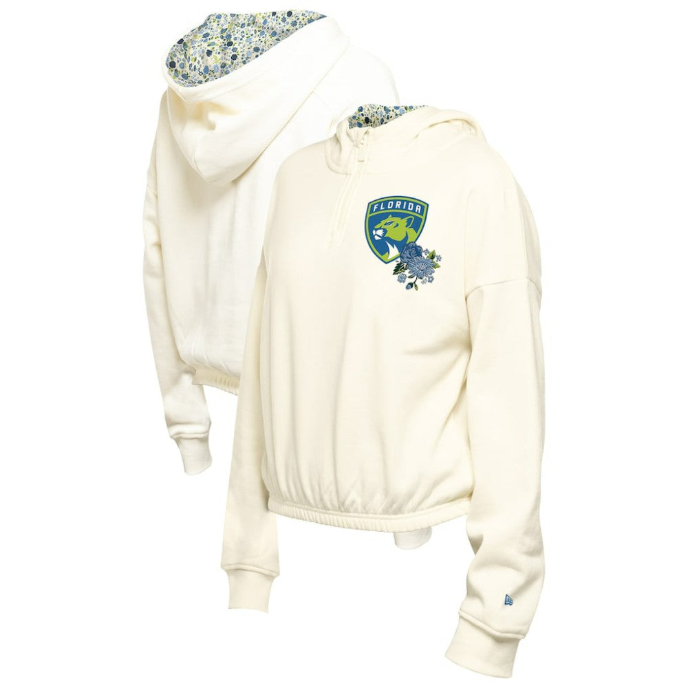 Florida Panthers New Era Women's Glam Game Quarter-Zip Cropped Floral Hoodie Pullover - Cream Hoodies