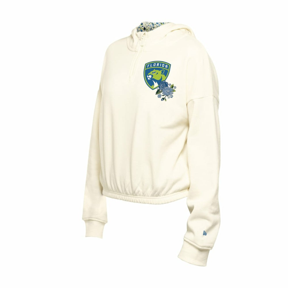 Florida Panthers New Era Women's Glam Game Quarter-Zip Cropped Floral Hoodie Pullover - Cream Hoodies