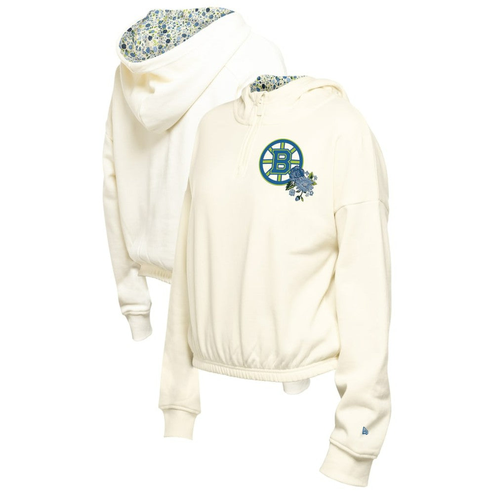 Boston Bruins New Era Women's Glam Game Quarter-Zip Cropped Floral Hoodie Pullover - Cream Hoodies