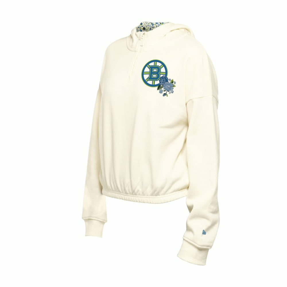 Boston Bruins New Era Women's Glam Game Quarter-Zip Cropped Floral Hoodie Pullover - Cream Hoodies
