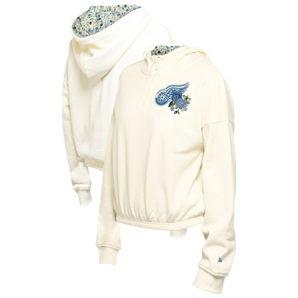 Detroit Red Wings New Era Women's Glam Game Quarter-Zip Cropped Floral Hoodie Pullover - Cream Hoodies